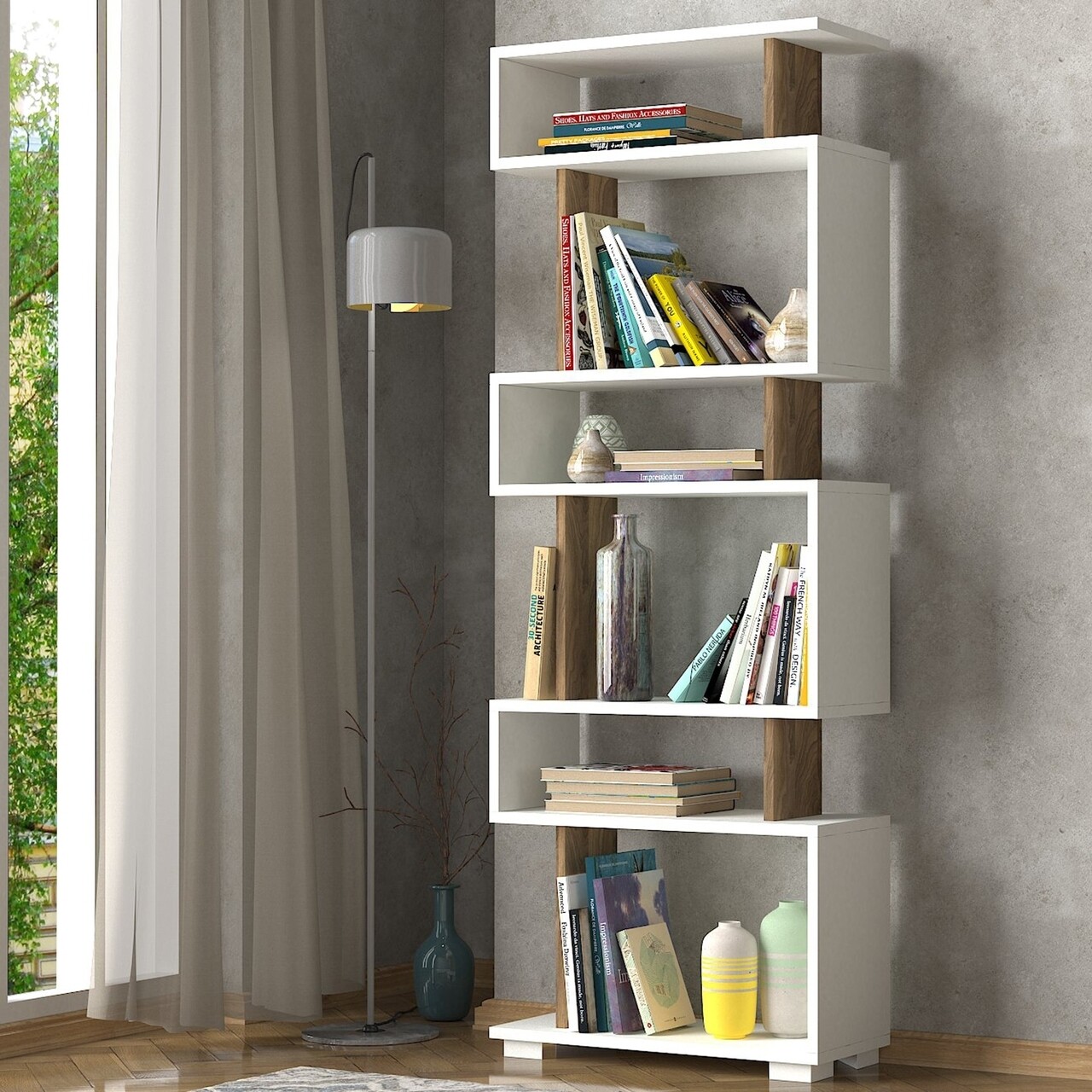 Biblioteca Blok, Woody Fashion, 60x19.5x165 cm, alb/maro - imagine 5